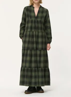 HUMILITY Vestido largo con cuello tunecino de algodón mezclado a cuadros en verde