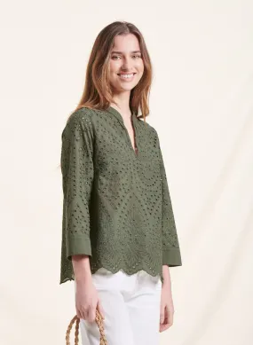 LA FEE MARABOUTEE Top recto de algodón con cuello tunecino en verde