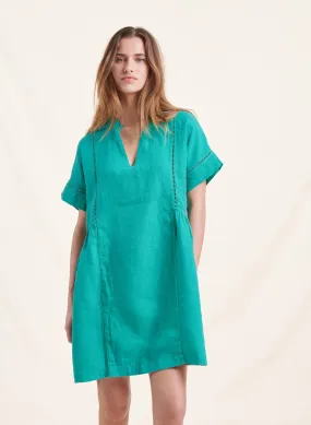 LA FEE MARABOUTEE Vestido corto holgado con cuello tunecino de lino en verde