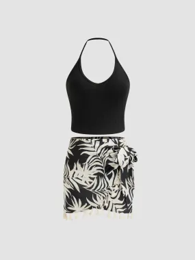 Top Cami Corto Sólido con Escote en V y Falda Mini Floral con Nudo de Talle Medio
